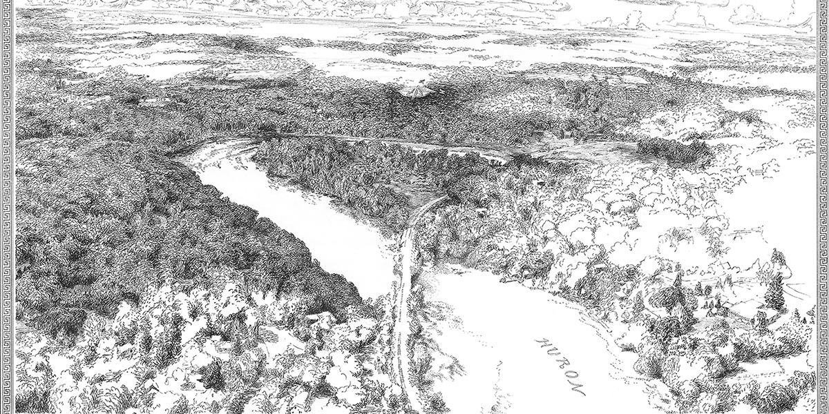 Aerial drawing of the Huron River, surrounded by trees and spanned by a train track.