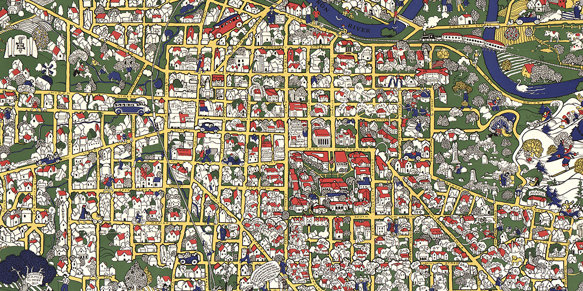 Colorful pictorial map of Ann Arbor from 1926.