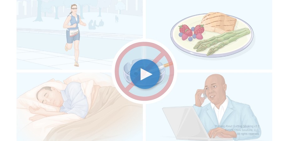 Video thumbnail illustrations showing healthy habits such as exercise, nutritious eating, good sleep, and avoiding smoking.