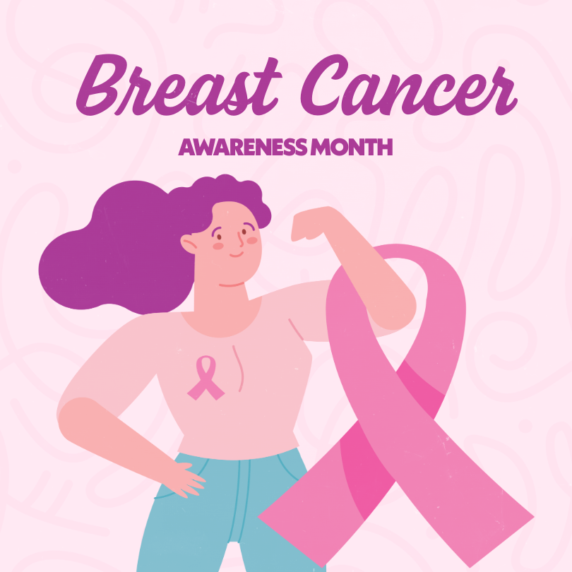 Illustration of woman carrying pink ribbon representing breast cancer awareness month.