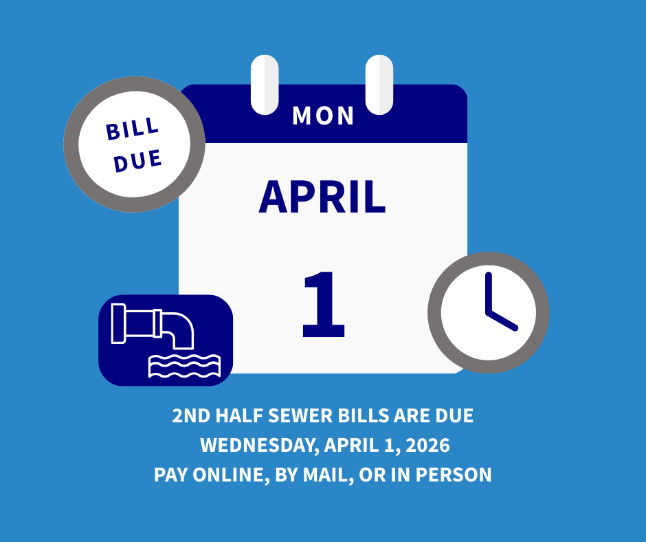 Image depicting Waste Water Treatment Plant Bill due April 1. Graphic has a sky blue background with a white calendar and blue writing saying bill due monday april 1. The graphic icon of a clock and sewer are on the left and right sides of the calendar 