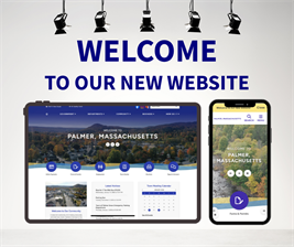 Graphic with stage lights creating a spotlight on large blue words depicting Welcome to our new website" featuring screen shot photo of the homescreen in mobile and desktop format