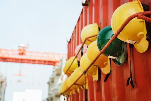Hard hats in a row