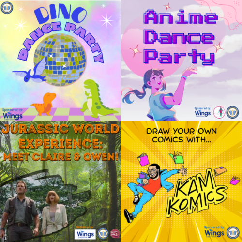 Combo of 4 youth programs: Dino Dance Party, Anime Dance Party, Jurassic World Experience, and Comic Workshop with Kam Komics.