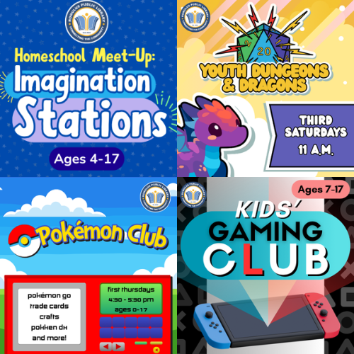 Display of 4 youth programs: Homeschool Meet-Up, Youth D&D, Pokemon club, and Kids Gaming Club.