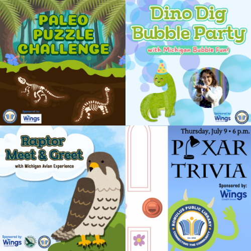 Display of 4 youth programs: Paleo Puzzle Challenge, Dino Bubble Party, Raptor Meet and Greet, and Pixar Trivia.