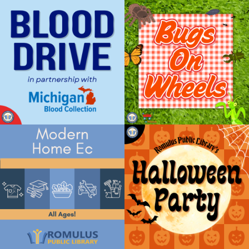 Icons representing each special event for the month of October. Blood Drive, Bugs on Wheels, Modern Home Ec, and the Halloween Party.