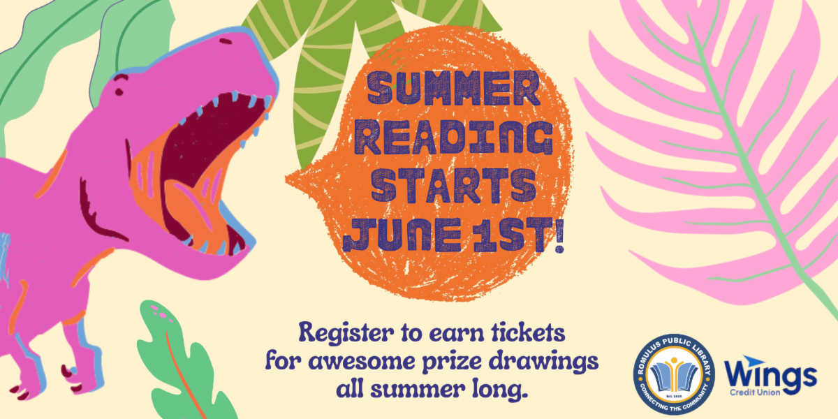 A pink dinosaur roars with a speech bubble coming out of its mouth, saying Summer Reading Starts June 1st!
