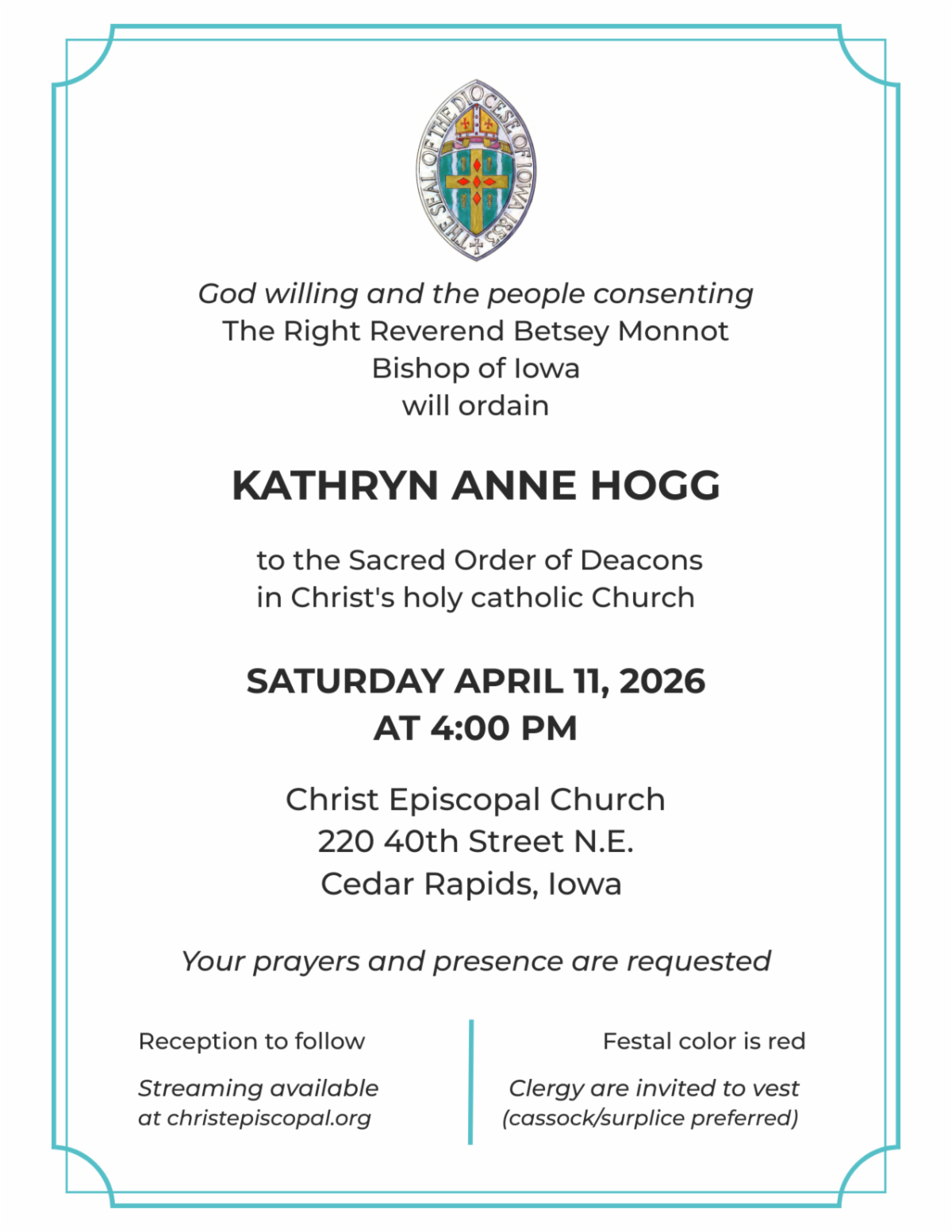 Image: Ordination invitation for Kathryn Anne Hogg to the Diaconate