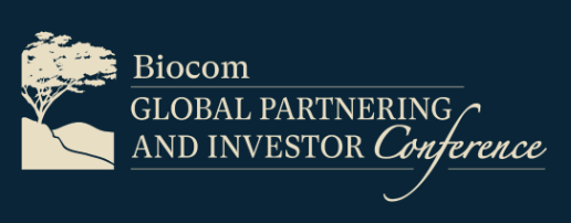 Biocom Global Partnering and Investor Conference. Black background with an off-white tree logo.