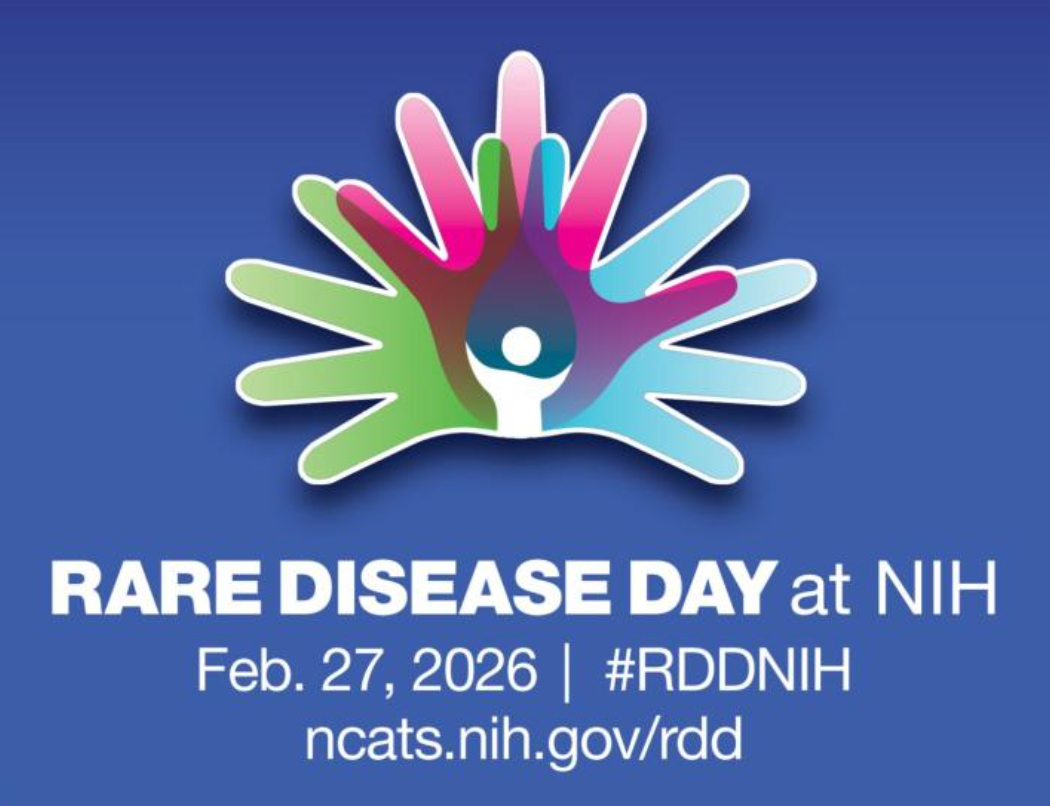 Rare Disease Day at NIH Feb. 27, 2026 | #RDDNIH ncats.nih.gov/rdd. Bright blue background with a white stick figure icon and multi-color hands.
