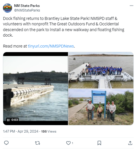 X: NM State Parks @NMStateParks Dock fishing returns to Brantley Lake State Park! NMSPD staff & volunteers with nonprofit The Great Outdoors Fund & Occidental descended on the park to install a new walkway and floating fishing dock.  Read more at https://tinyurl.com/NMSPDNews