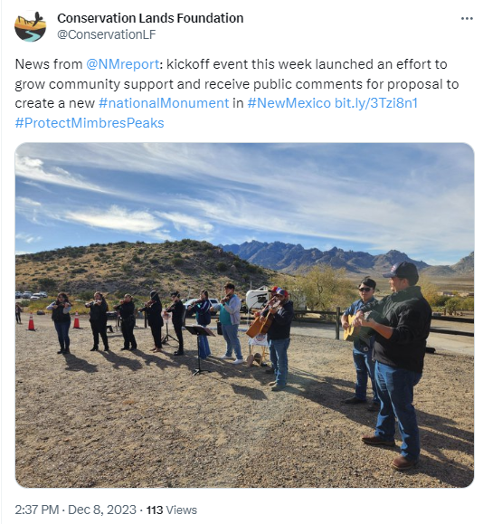 X:  Conservation Lands Foundation @ConservationLF News from  @NMreport : kickoff event this week launched an effort to grow community support and receive public comments for proposal to create a new #nationalMonument in #NewMexico https://bit.ly/3Tzi8n1 #ProtectMimbresPeaks