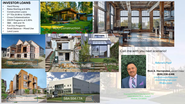 Hard Money and Conventional Loan Programs!
Purchase, DSCR, Construction, Hard Money and 2nd TDs!