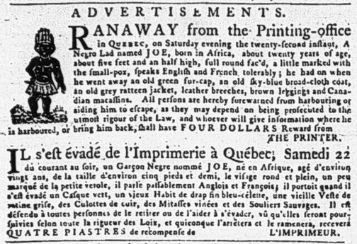 "RANAWAY from the Printing-office," Quebec Gazette, 27 November 1777, ​no. 639, p. 3