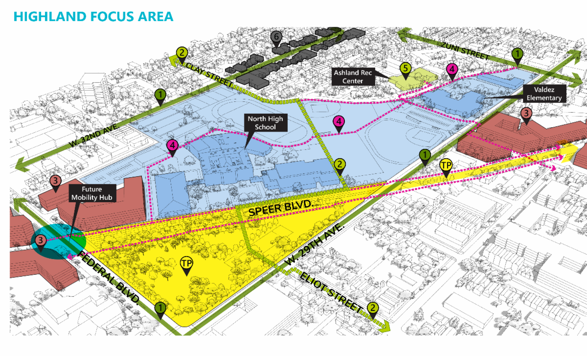 Map of Highland focus area between Federal and Zuni and west 29th and 32nd.