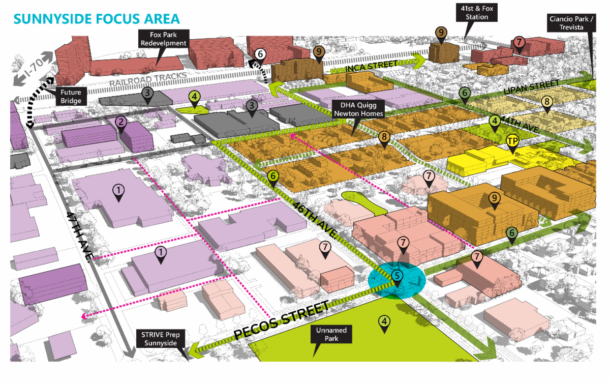 Map of Sunnyside focus areas near the intersection of 46th Ave. and Pecos
