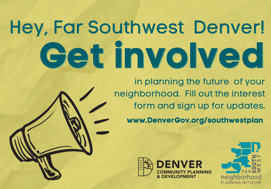 Graphic showing a call-to-action message for Far Southwest residents to get involved in the Far Southwest Area Plan.