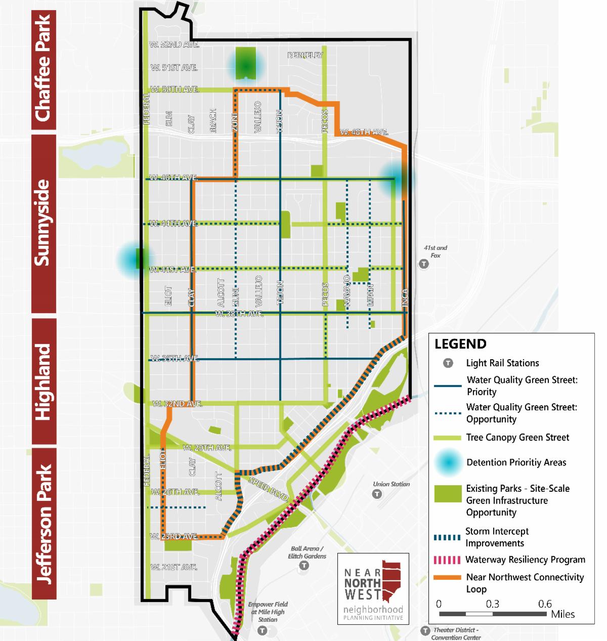 Map of water and green infrastructure recommendations for the Near Northwest Area