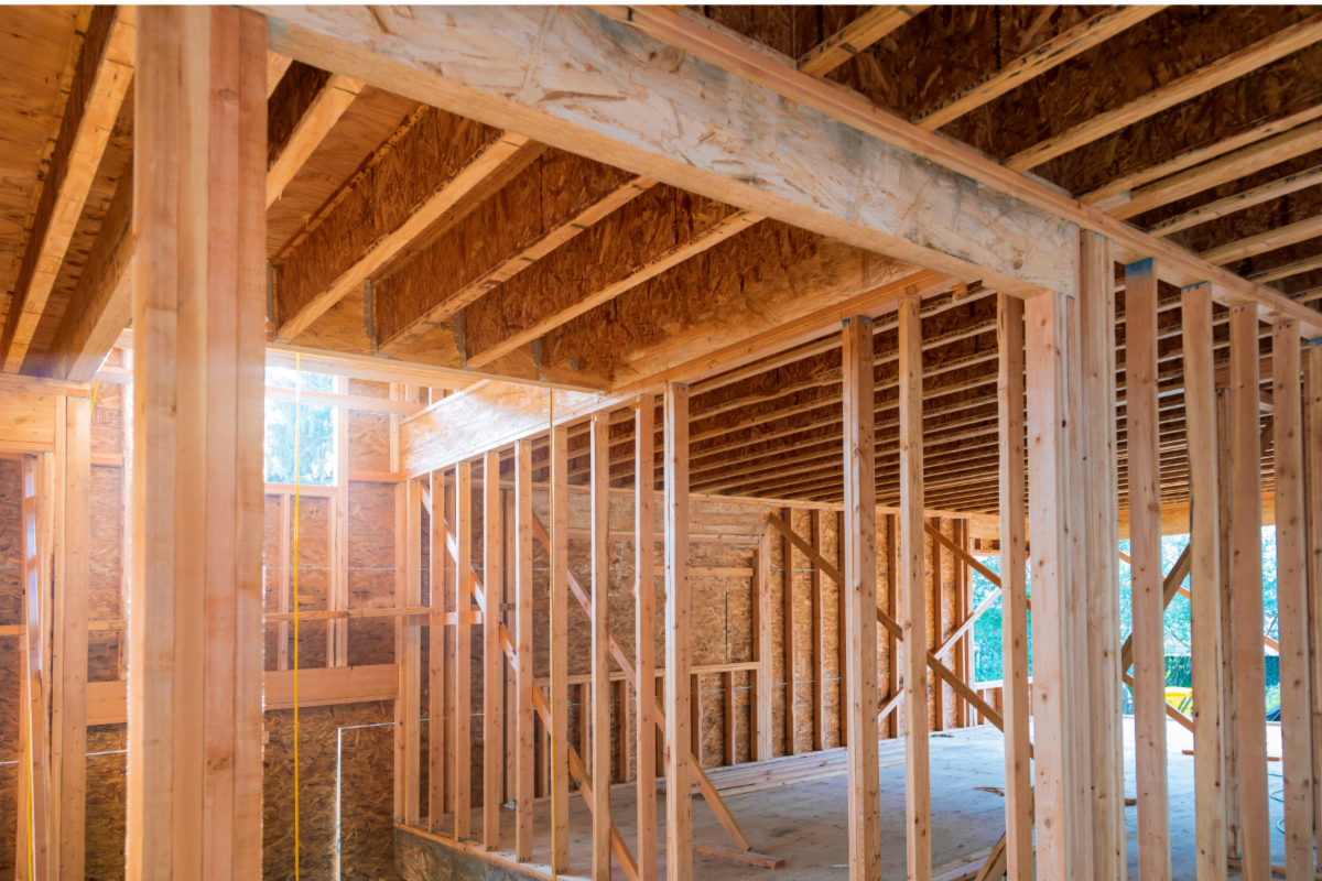 Framing of a house at a construction site