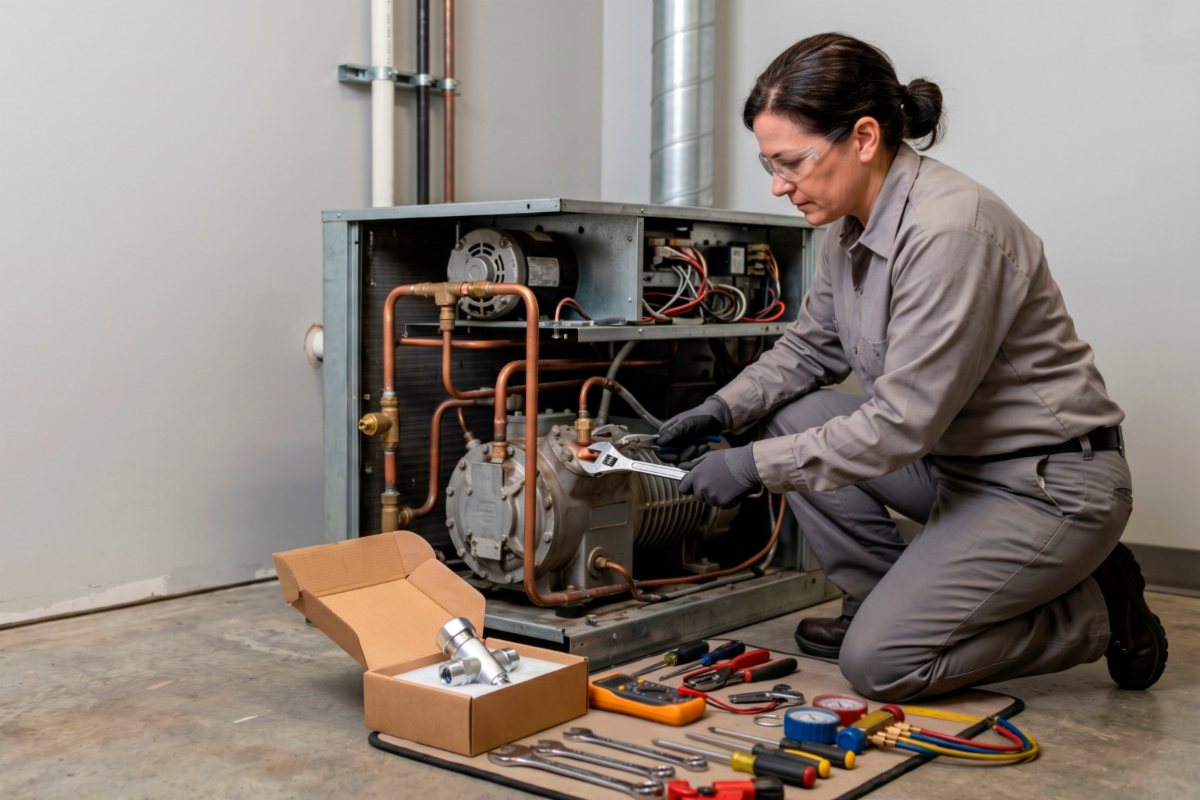 A woman installing a heat pump