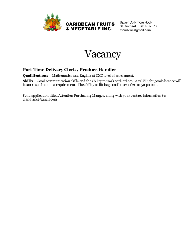 Parttime Delivery Clerk/Produce Handler