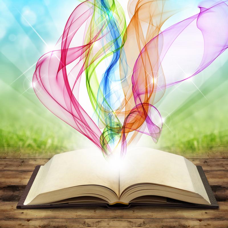 open book with colored smoke swirls and twirls can only be used here in Constant Contact