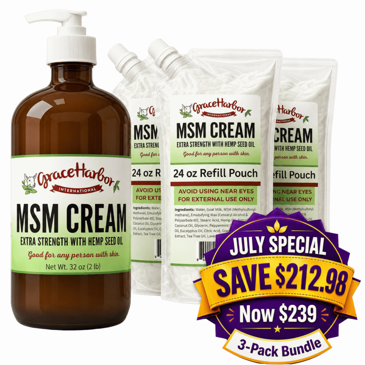 32 oz Extra Strength MSM Cream pump bottle with three 24 oz refill pouches
