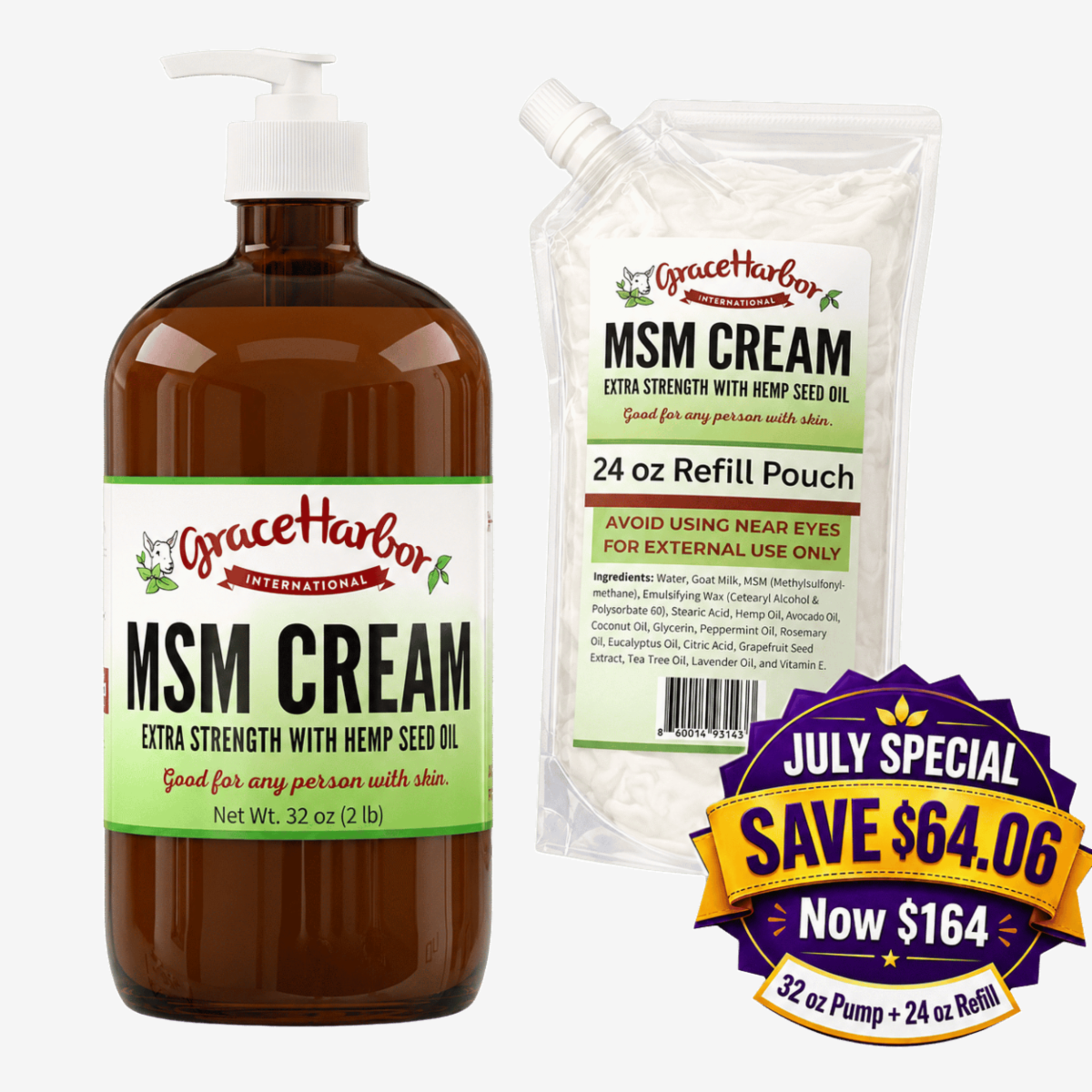 32 oz Extra Strength MSM Cream pump bottle with one 24 oz refill pouch