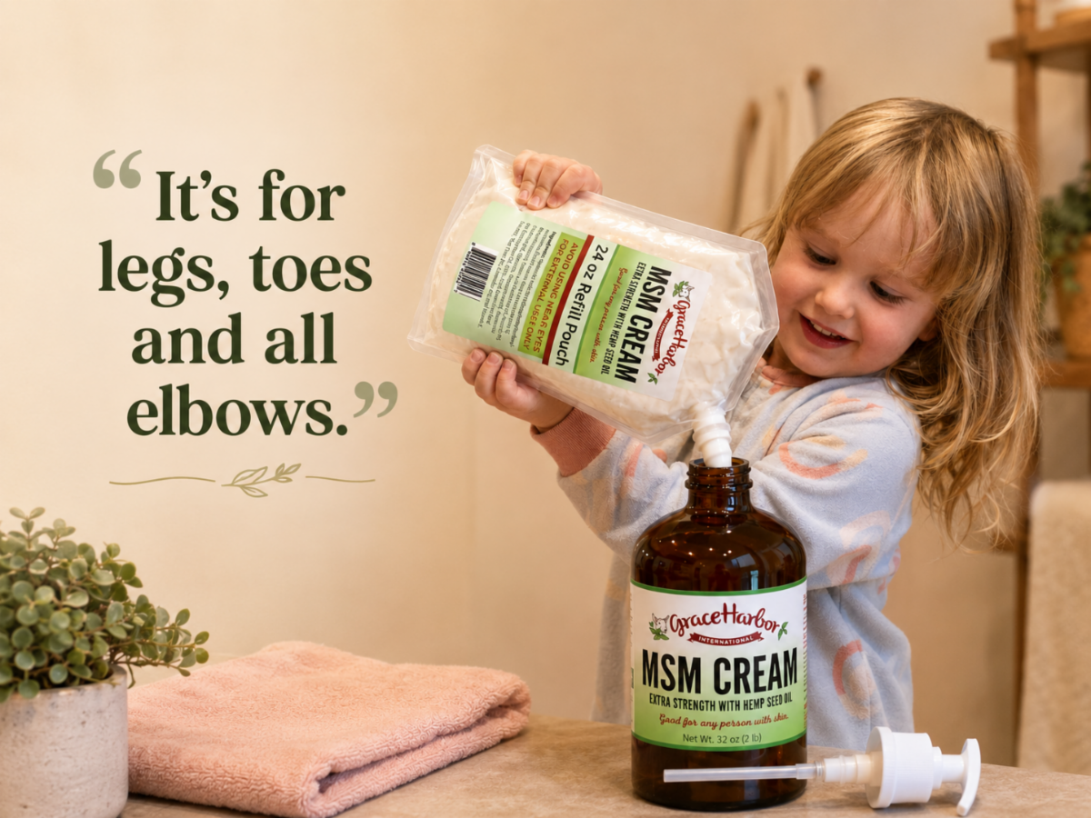 Tim and Grace's granddaughter using a refill pouch to refill a 32 oz bottle of Extra Strength MSM Cream