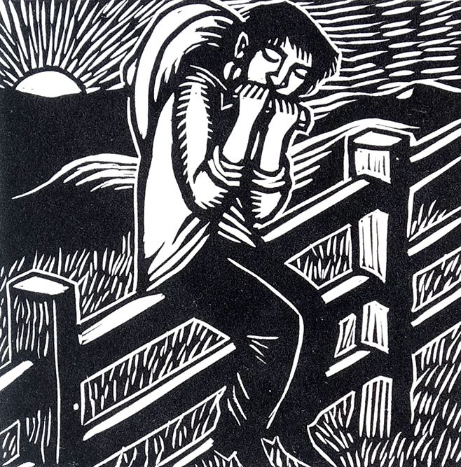 linocut of man sitting on fence playing music with harmonica