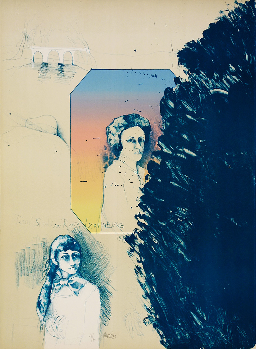 Bruno Bruni, Studi su Rosa Luxembrug. Color lithograph.