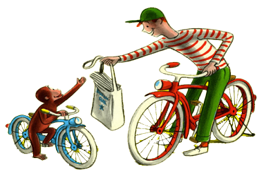 A boy on a bike hands a bag to a monkey on a bike.