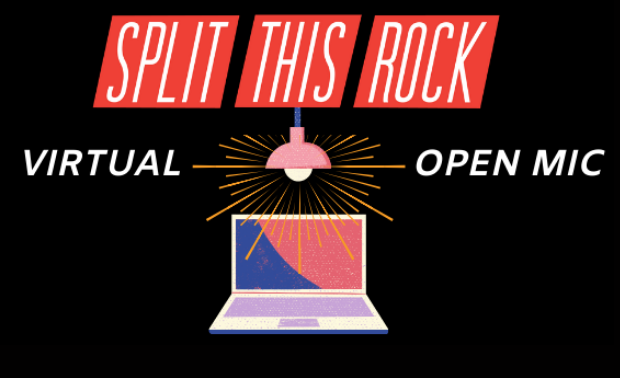 Split This Rock Virtual Open Mic announcement which includes a black background with red Split This Rock logo and text that reads Virtual Open Mic as well as an illustration of a hanging lamp sending out rays of light over a laptop.