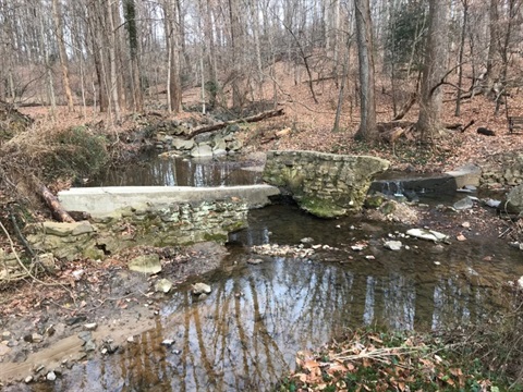 A shallow stream flows through a wooded area around rocks and remnants of a small concrete structure.