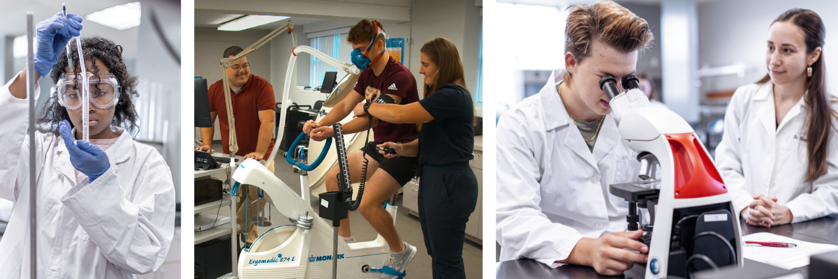 College of students in lab working on experiments using pipettes and microscopes and in classroom working with exercise science equipment
