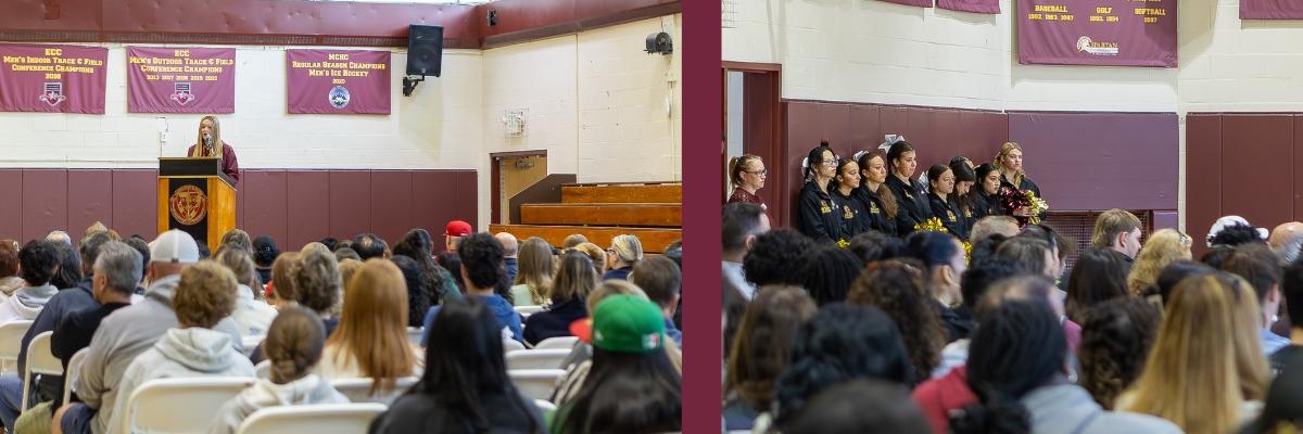 Open house collage of students and families in Gym