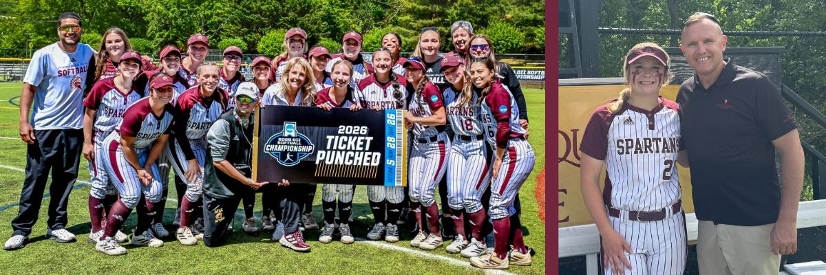 two photo collage of team holding ticket punched poster board on field after winning game and Ken Daly with student smiling after game concluded