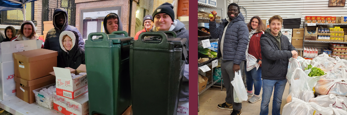 students and employees volunteering at breadline and in food pantry