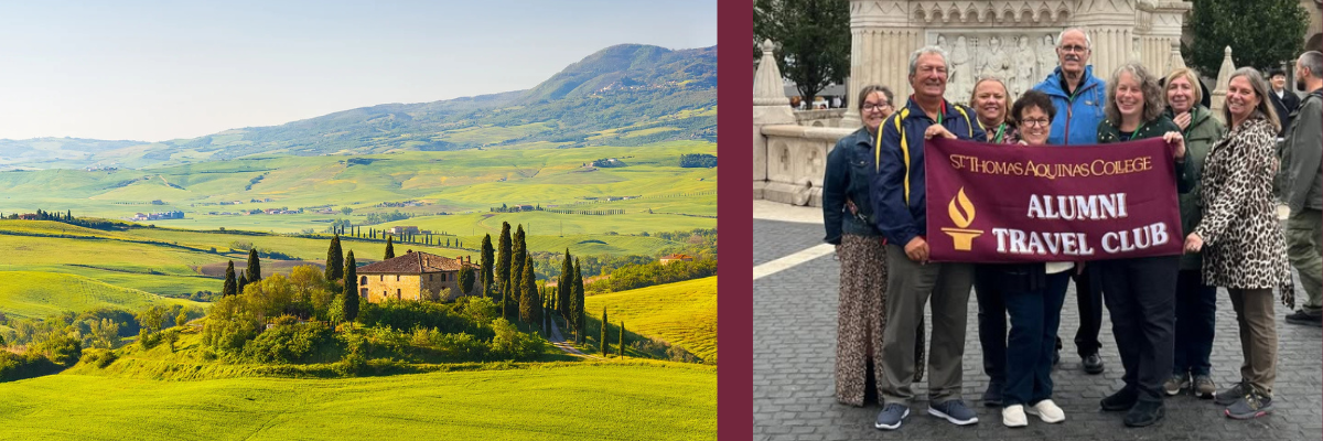 Vistas of Italy with green rolling hills and villas and stone streets and homes and group of STAC travel club participants holding up banner