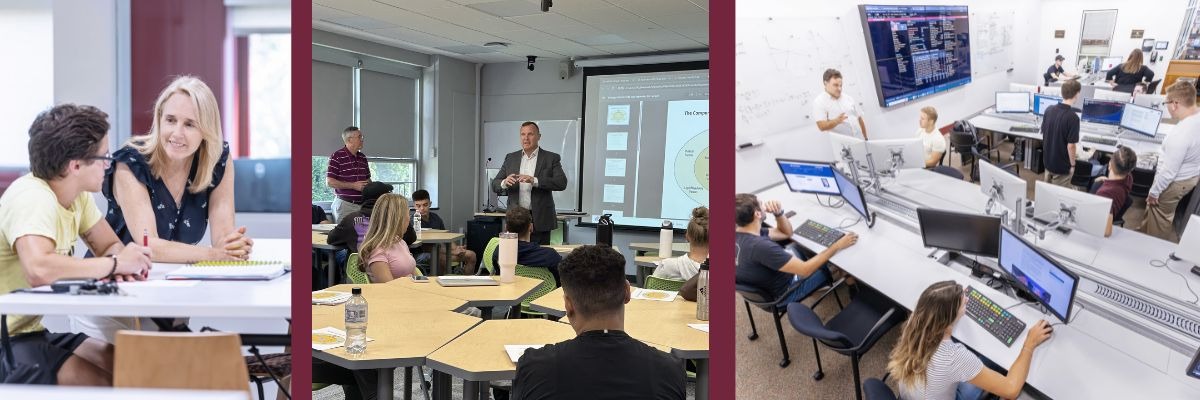 Collage of student in Career Center President Daly speaking in class and Bloomberg Lab