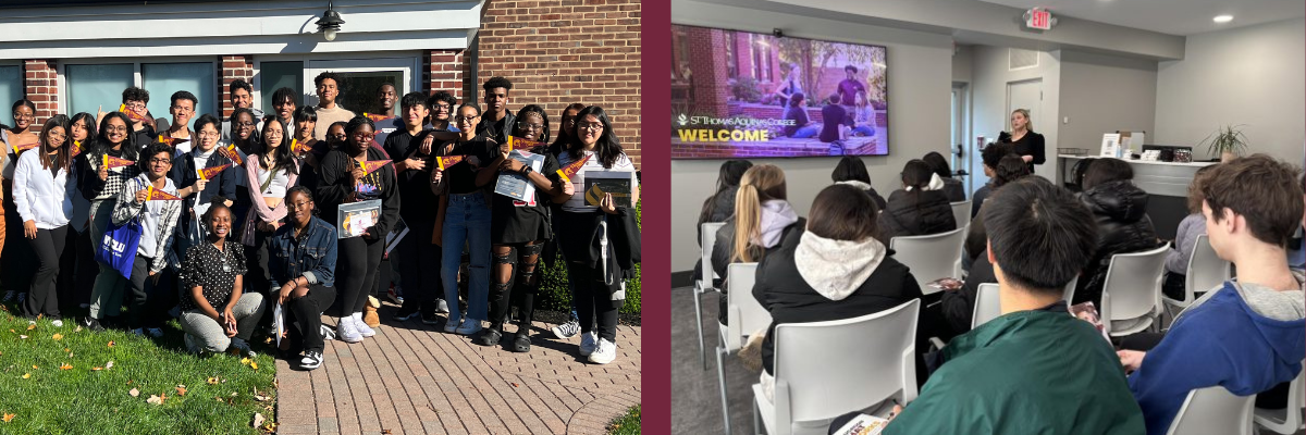 Admissions tour with students smiling for camera outside and students seated inside listening to presentation