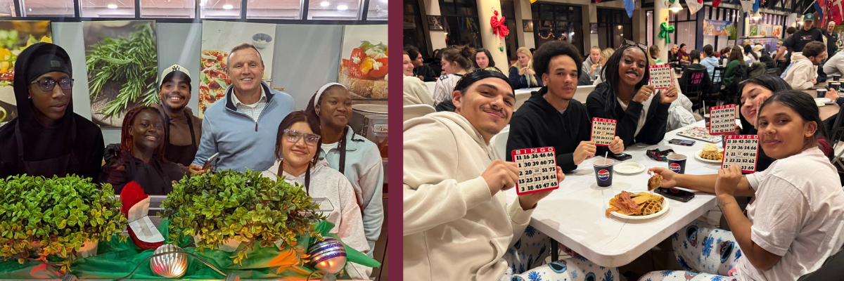 midnight breakfast and bingo photos of students smiling in dining hall