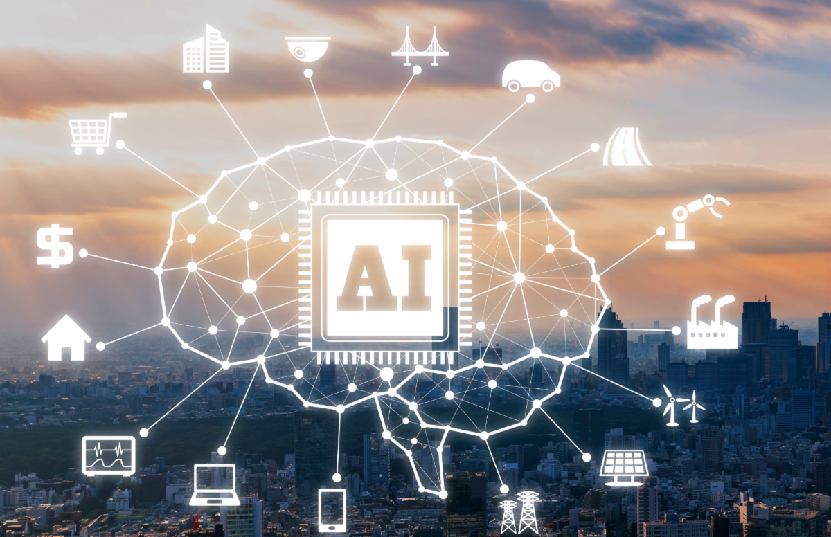 AI brain illustration in white with sunset image in background