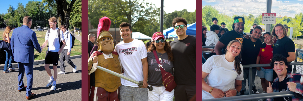 Welcome BBQ and Mr Spartan with families during check in and six flags trip students smiling collage