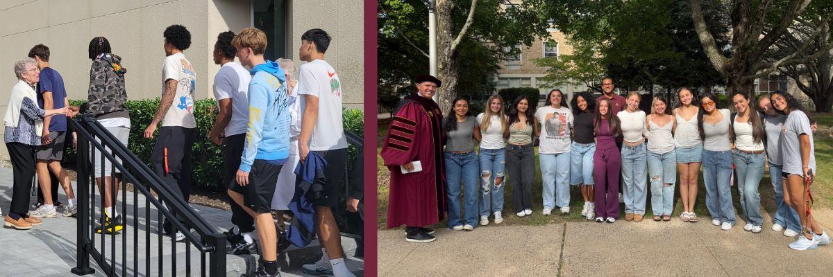students meeting sisters at the dominican convent shaking hands and smiling