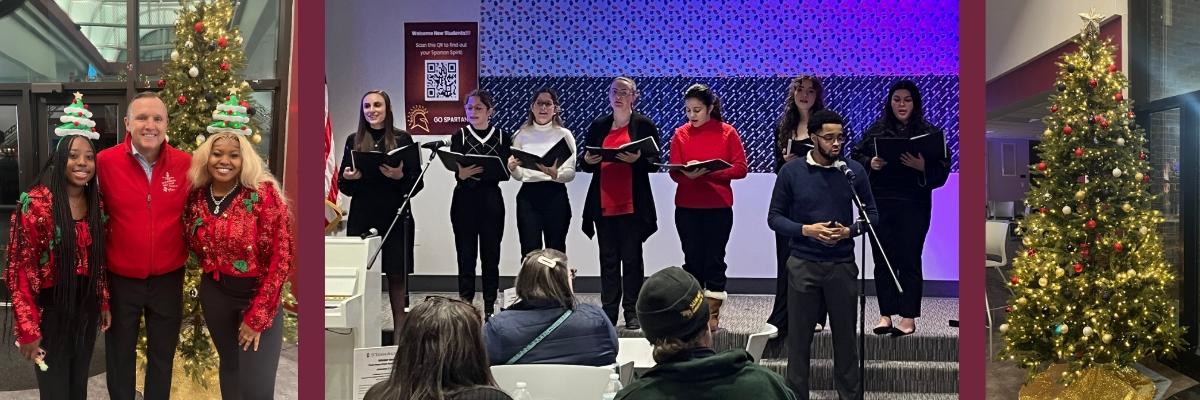 tree lighting collage of president daly with students dressed as christmas trees and students singing in choir