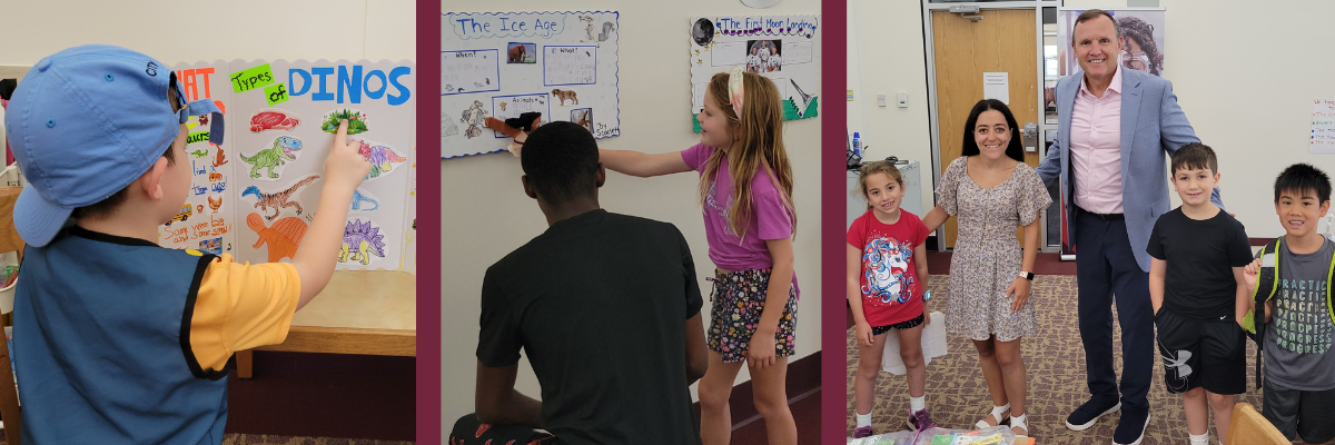 collage of summer literacy students with HEOP college students and Ken showing poster projects smiling