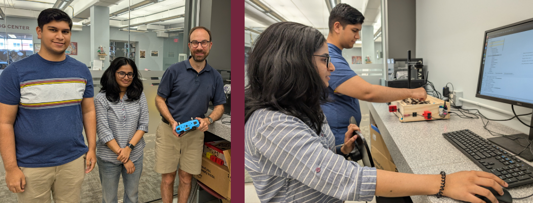 students and professor k smiling for photo and working on computer to program