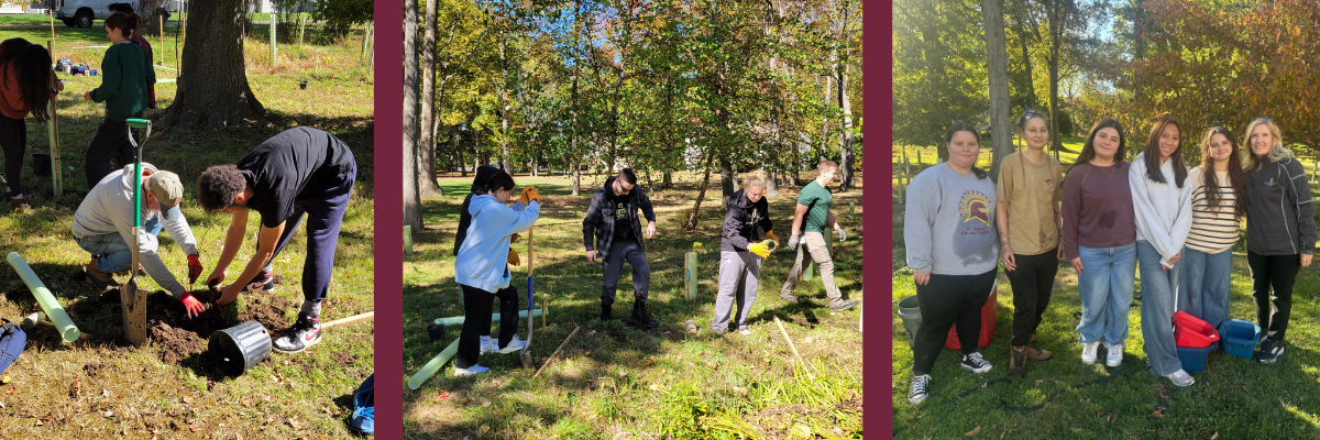 trees for tribs event with students planting trees and shrubs outside